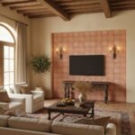 Warm terracotta-colored textured tiles with a matte finish, arranged in a grid pattern on the living room wall.