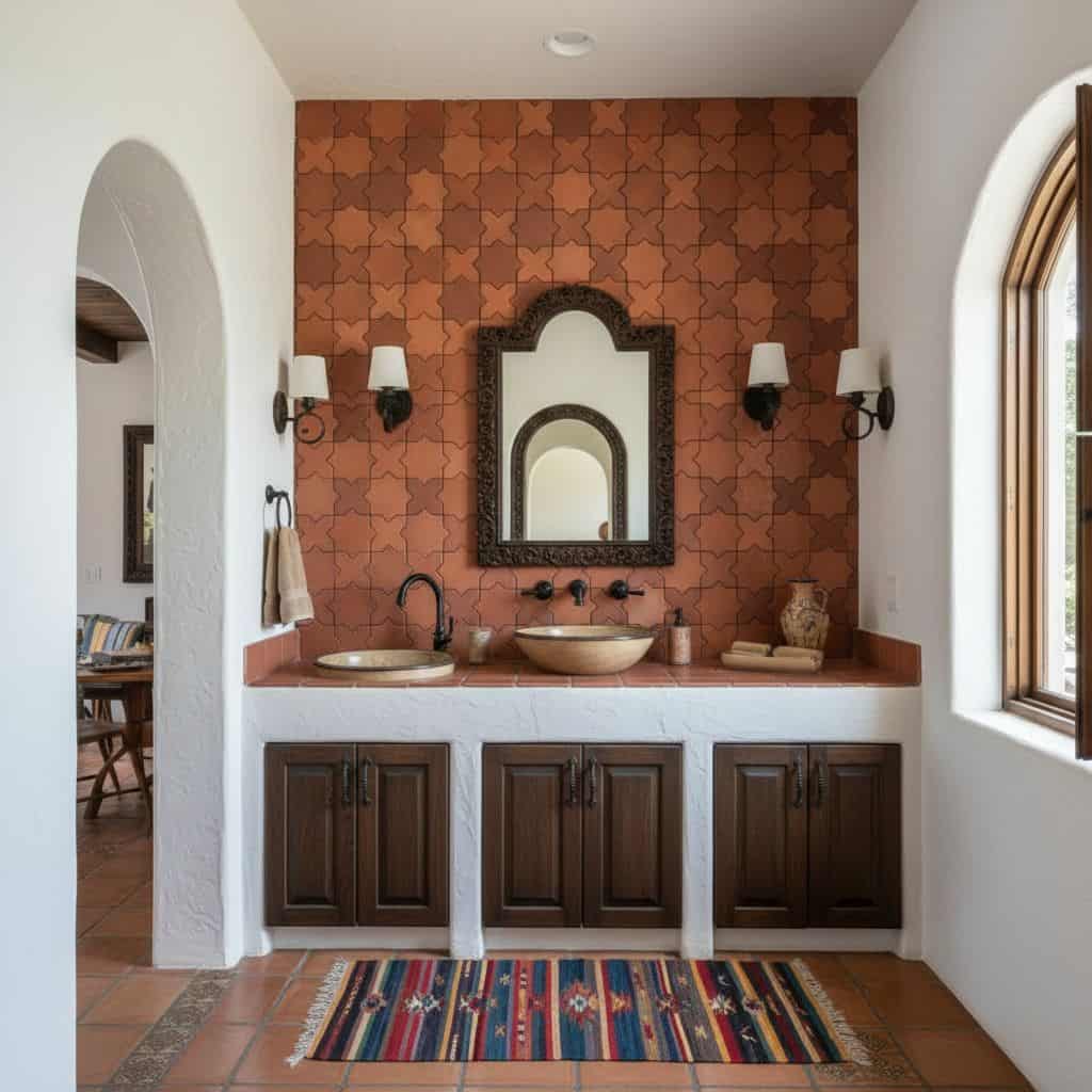 Rust-colored terracotta tile wall with textured surface behind bathroom vanity.