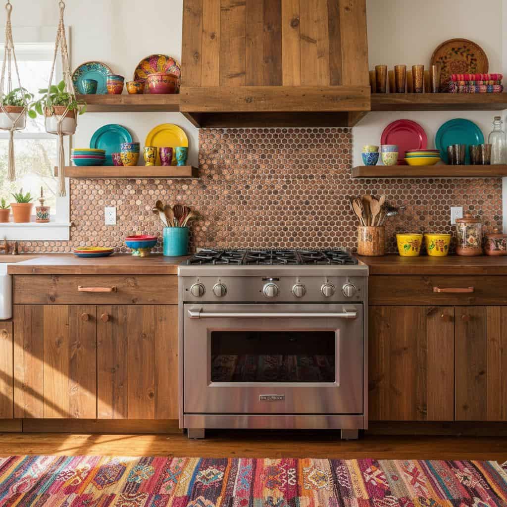 Colorful ceramic tiles with a textured surface in a kitchen backsplash, complemented by wooden cabinets and vibrant dishware.