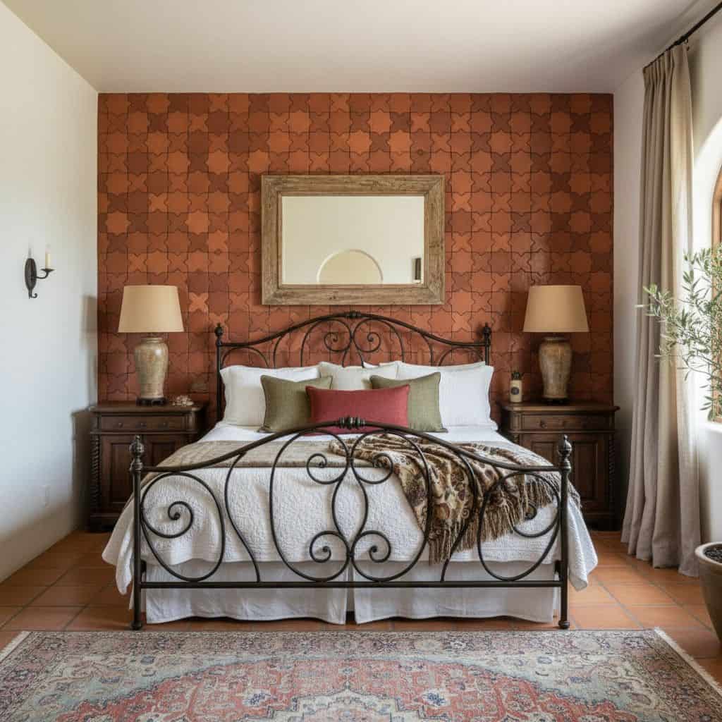 Rustic red textured wall tile with a geometric pattern behind a classic wrought iron bed.