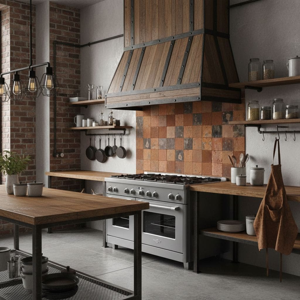 Rustic style kitchen with warm, textured terracotta and gray tiles, complemented by wooden cabinetry and industrial lighting.