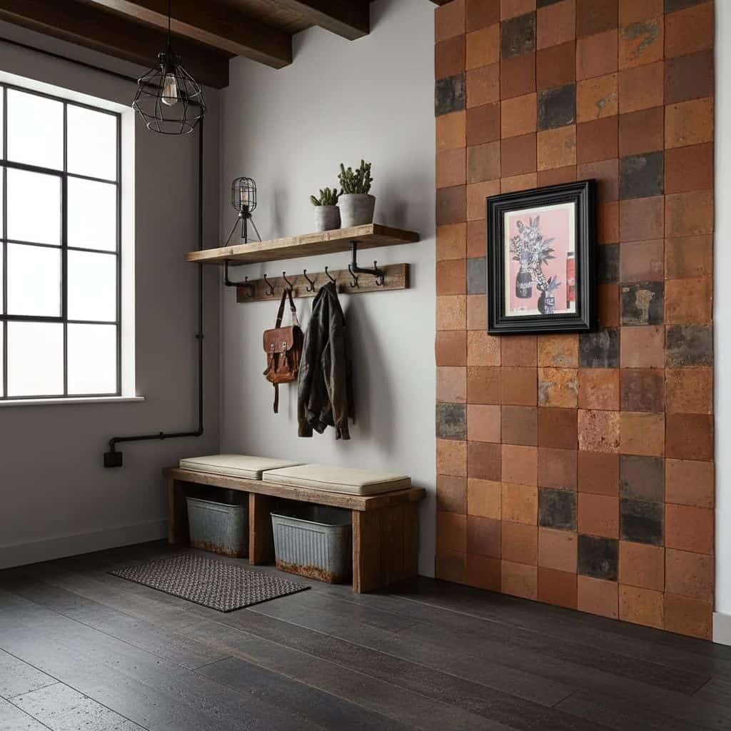 Rustic clay-colored textured tiles on wall, with a framed floral artwork, wooden shelf with plants, and a bench with storage.