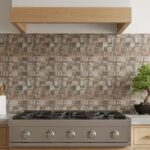 Beige mosaic tile with textured, small square pattern, suitable for kitchen backsplashes and accent walls.
