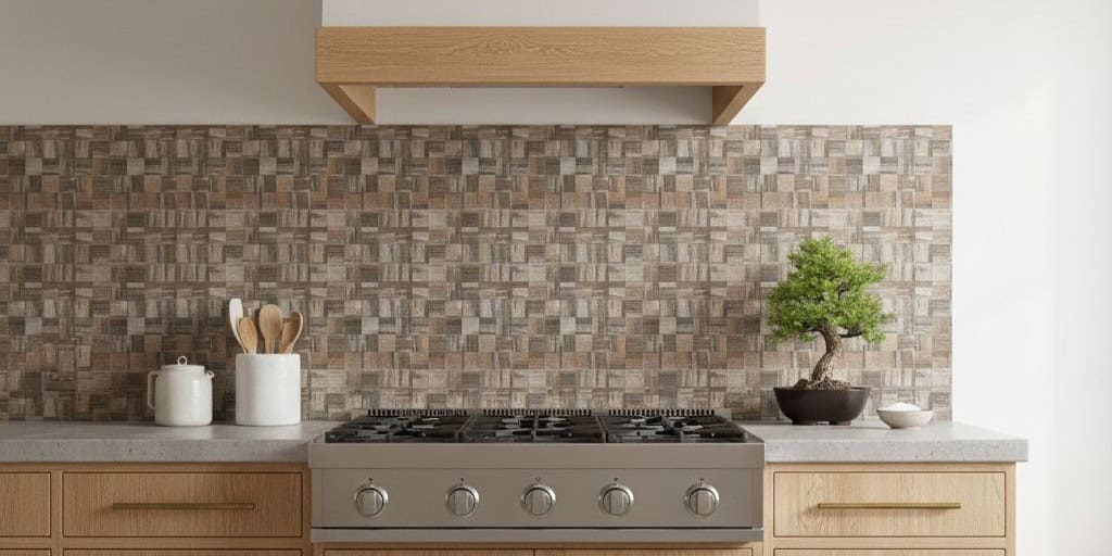 Beige mosaic tile with textured, small square pattern, suitable for kitchen backsplashes and accent walls.