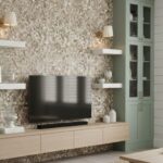 Mint green textured ceramic tiles with a beige accent wall in a contemporary living room.