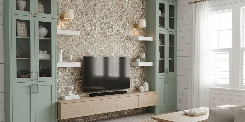 Mint green textured ceramic tiles with a beige accent wall in a contemporary living room.
