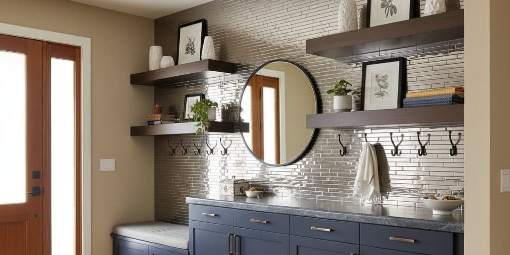 Gray brick tile wall with textured surface and glossy finish in a contemporary kitchen setting.