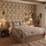 Warm-toned ceramic tile with textured, matte finish behind bed.