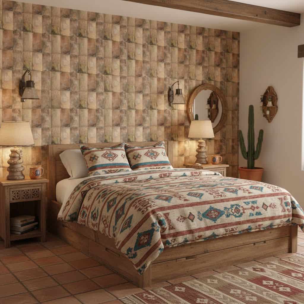 Warm-toned ceramic tile with textured, matte finish behind bed.