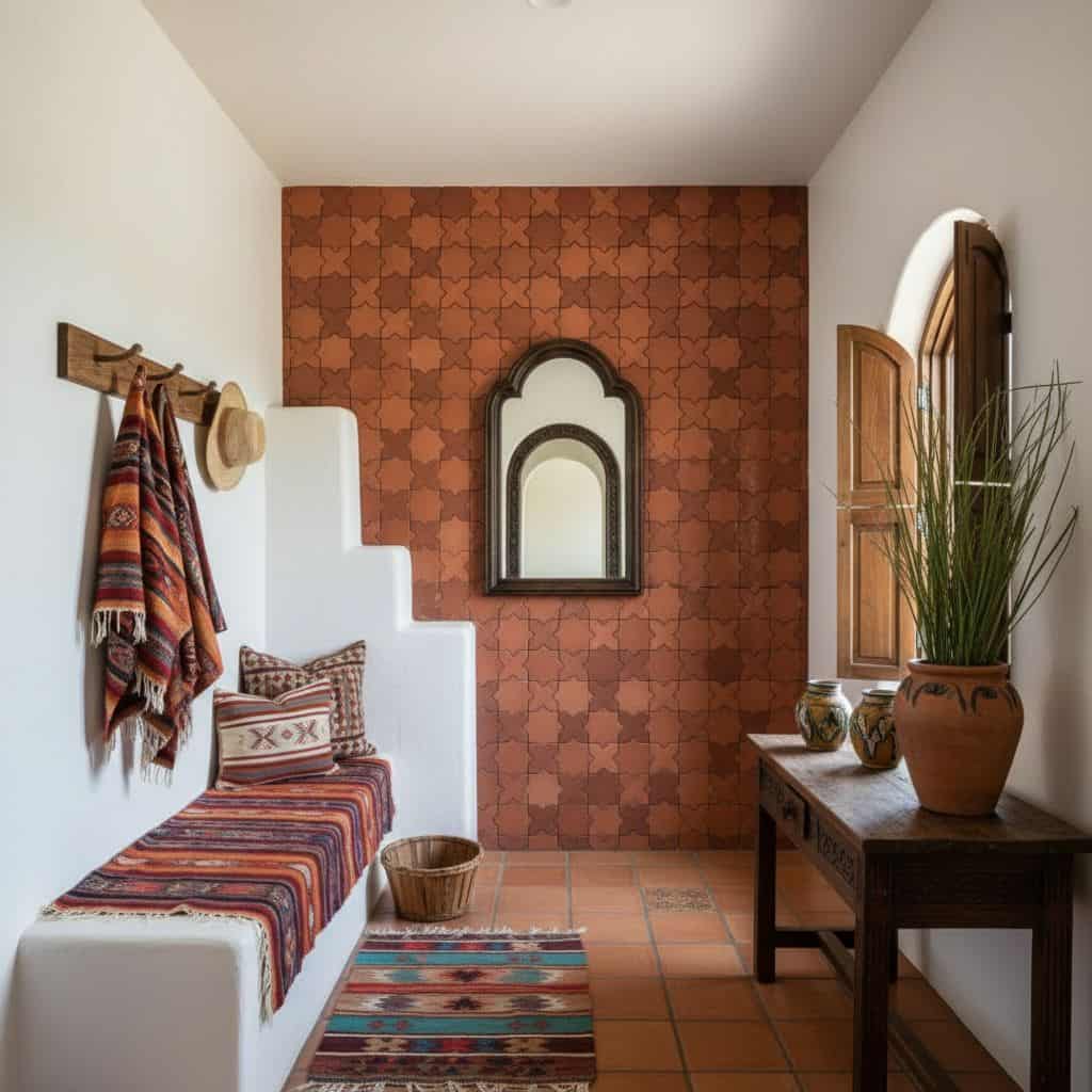 Terracotta-colored textured tiles with a matte finish, used on the wall and floor, creating a warm, rustic ambiance in the en.