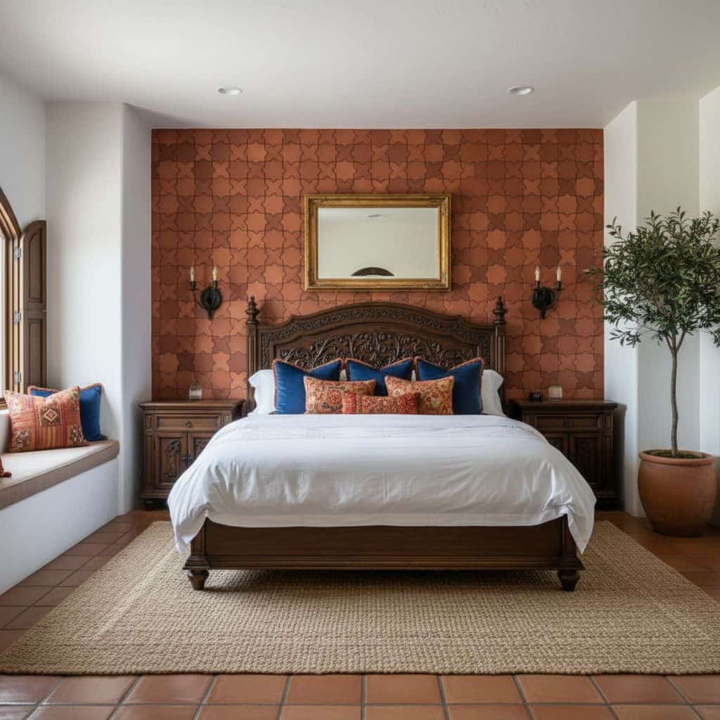 Terracotta-colored textured ceramic tiles with a matte finish on bedroom wall.