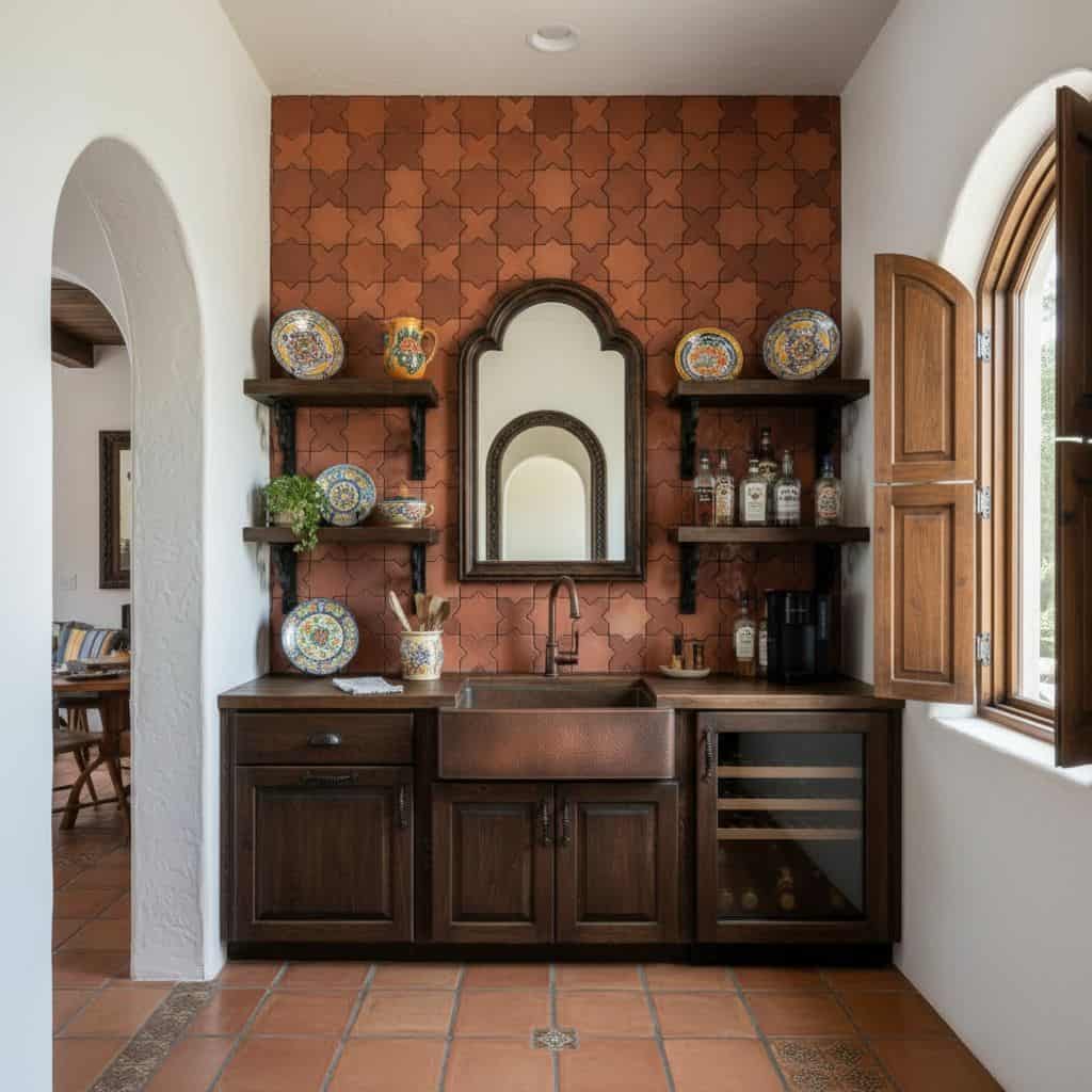 Rust-colored terracotta tile wall with a textured, matte finish behind a dark wood kitchen sink area.