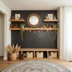 Decorative black brick wall with wooden shelves, mirror, and plants in a cozy living space.