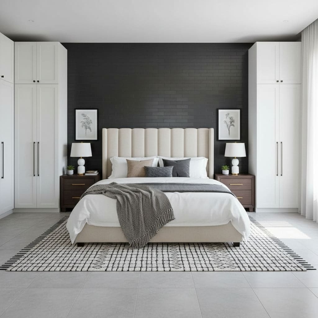A bedroom featuring a black brick accent wall, white wardrobes, and a cozy bed with neutral bedding. Elegant and minimalist d.