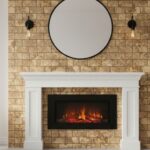 Beige brick tile with textured surface and subtle color variations, complemented by a white mantel and black wall sconces for.