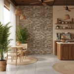 Stone brick wall with textured, natural stone appearance in neutral shades.