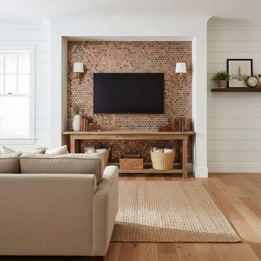 Bright, textured mosaic tile wall with warm earthy tones behind TV.