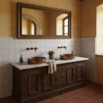 Bathroom vanity with copper sinks and wooden cabinet, beige wall tiles, and a large mirror. Rustic and warm design suitable f.