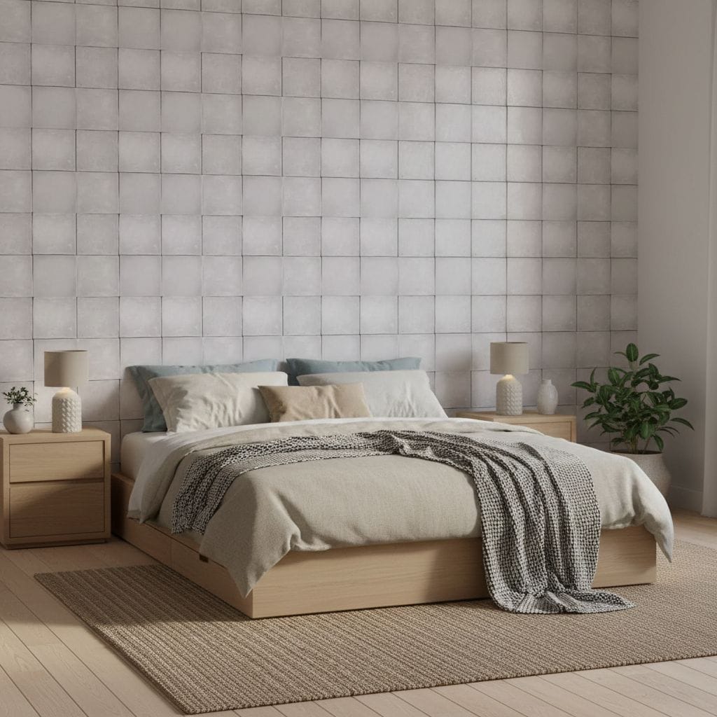 Neutral gray textured tile wall behind bed.
