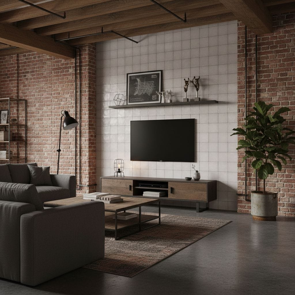 Bright white ceramic tiles with a smooth texture and glossy finish, complemented by exposed red brick walls for a contemporar.