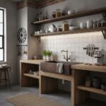 Bright kitchen featuring white tiled backsplash, wooden open shelves, and a rustic sink with brass fixtures.