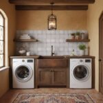 Bright, neutral-toned tile backsplash and wooden accents create a warm, inviting laundry space.