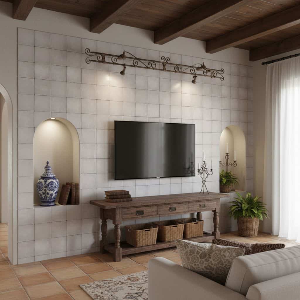 A neutral-colored tile wall with a wooden console, decorative vases, and greenery in a cozy living room setting.