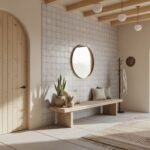 Neutral-colored wall tiles with a textured surface, paired with a wooden bench and decorative plants.