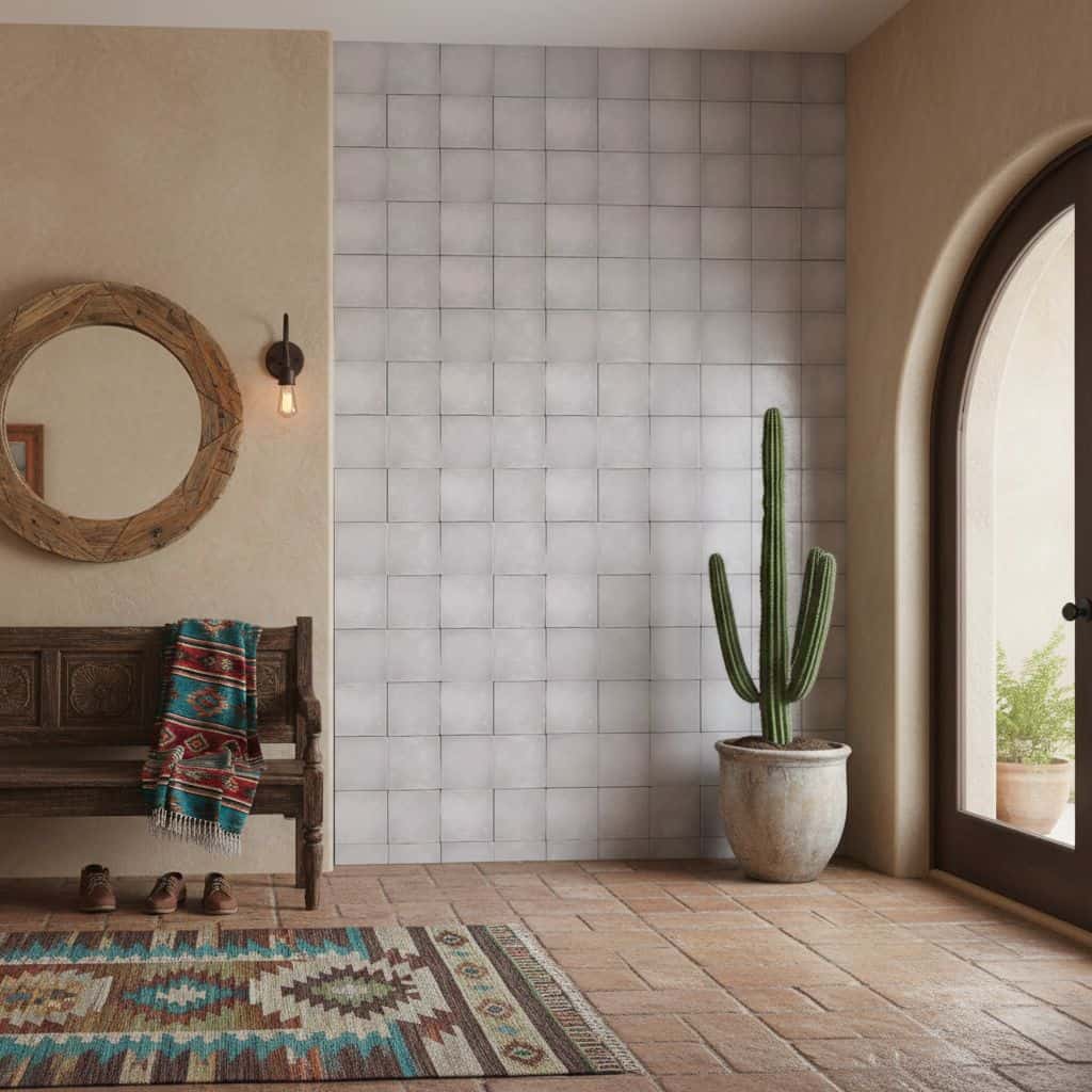A large potted cactus stands beside a textured white tile wall in a cozy, modern interior with natural light.