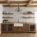 Kitchen tile wall with white textured tiles, wooden shelves, and cabinetry, rustic kitchen design.