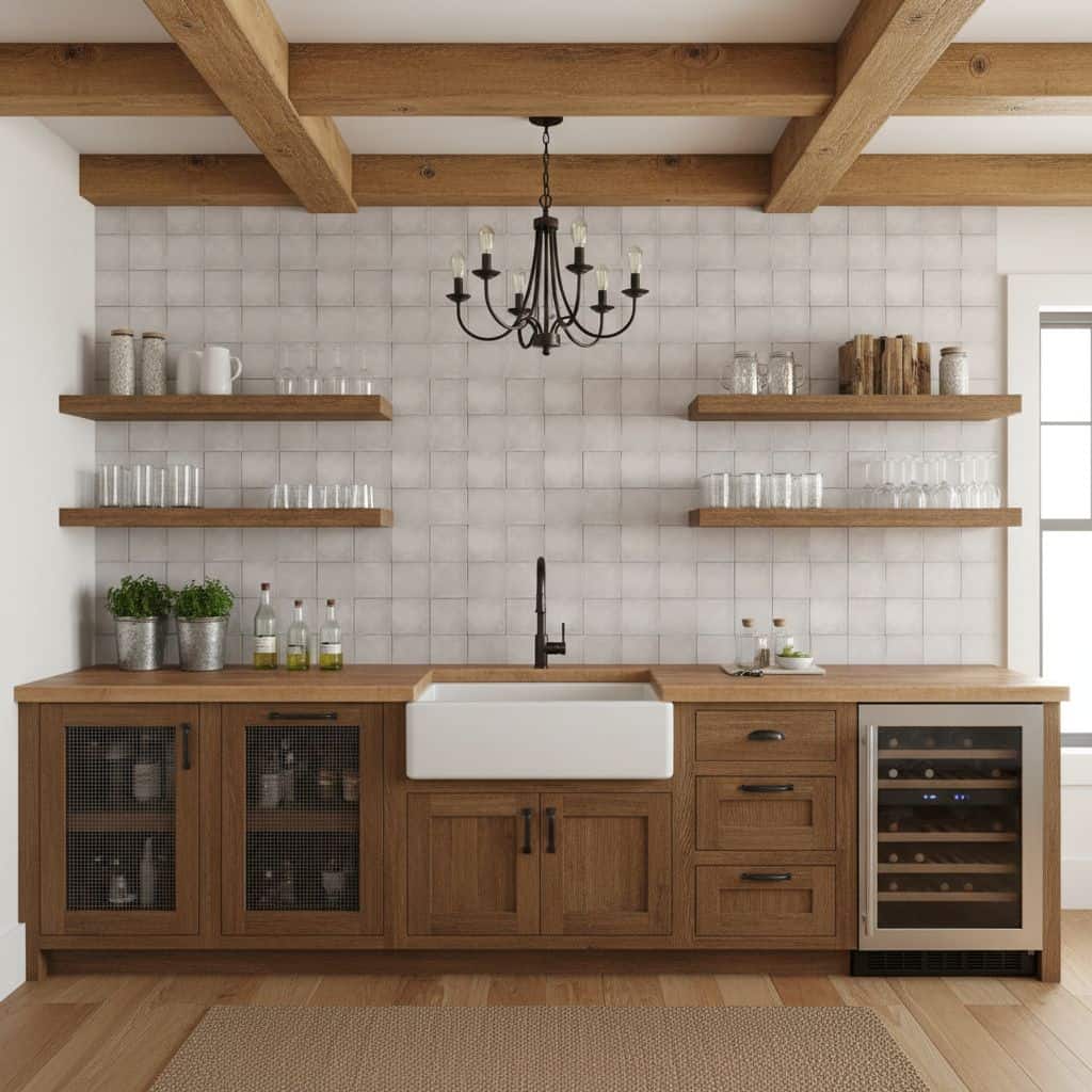 Kitchen tile wall with white textured tiles, wooden shelves, and cabinetry, rustic kitchen design.