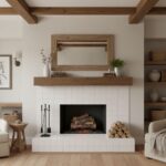 A white tiled fireplace with a wooden mantel, decorated with a mirror, plants, and candles, creating a warm and inviting atmo.