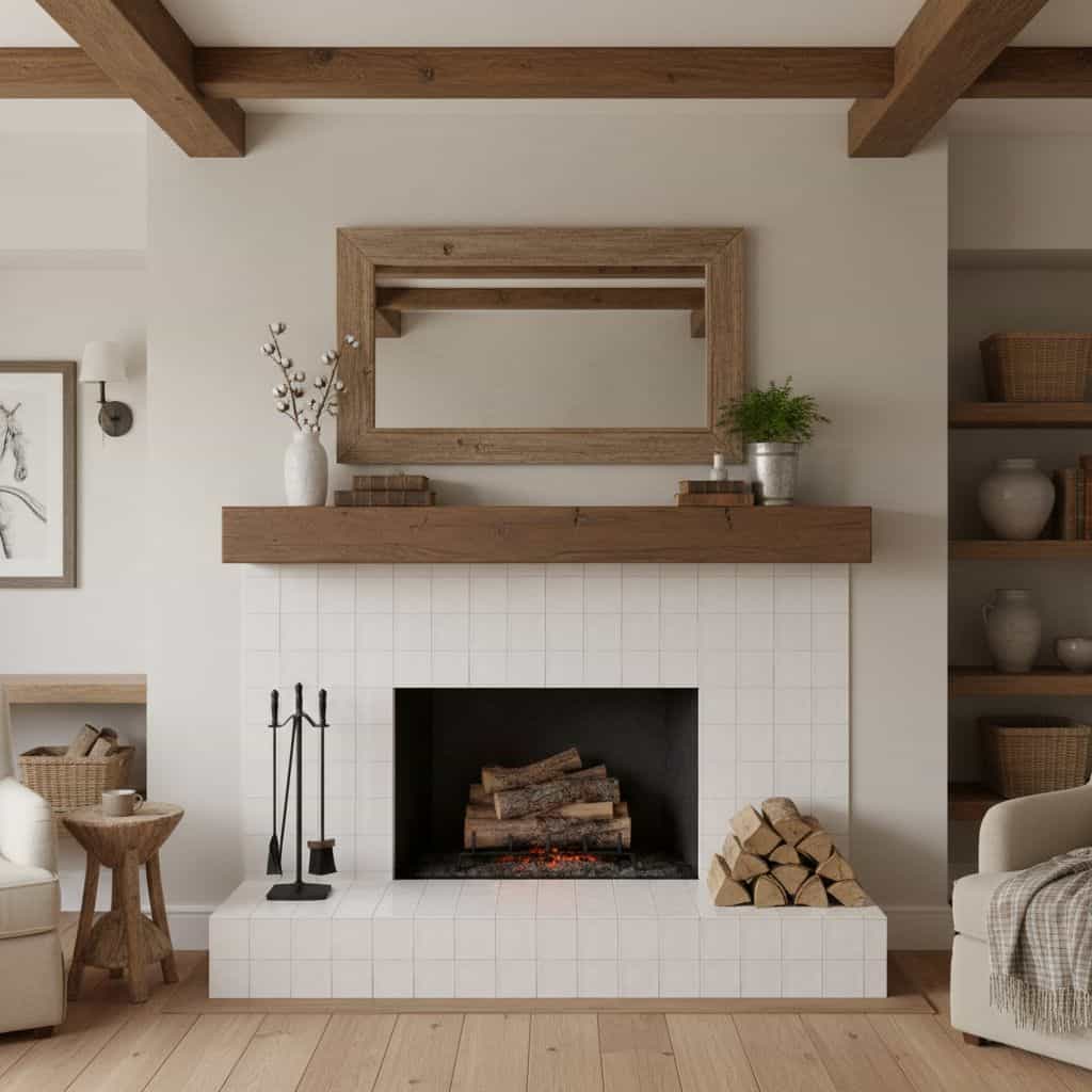 A white tiled fireplace with a wooden mantel, decorated with a mirror, plants, and candles, creating a warm and inviting atmo.