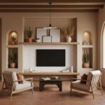 Beige tile wall with textured surface, surrounded by built-in shelves with potted plants and decorative items, in a cozy livi.