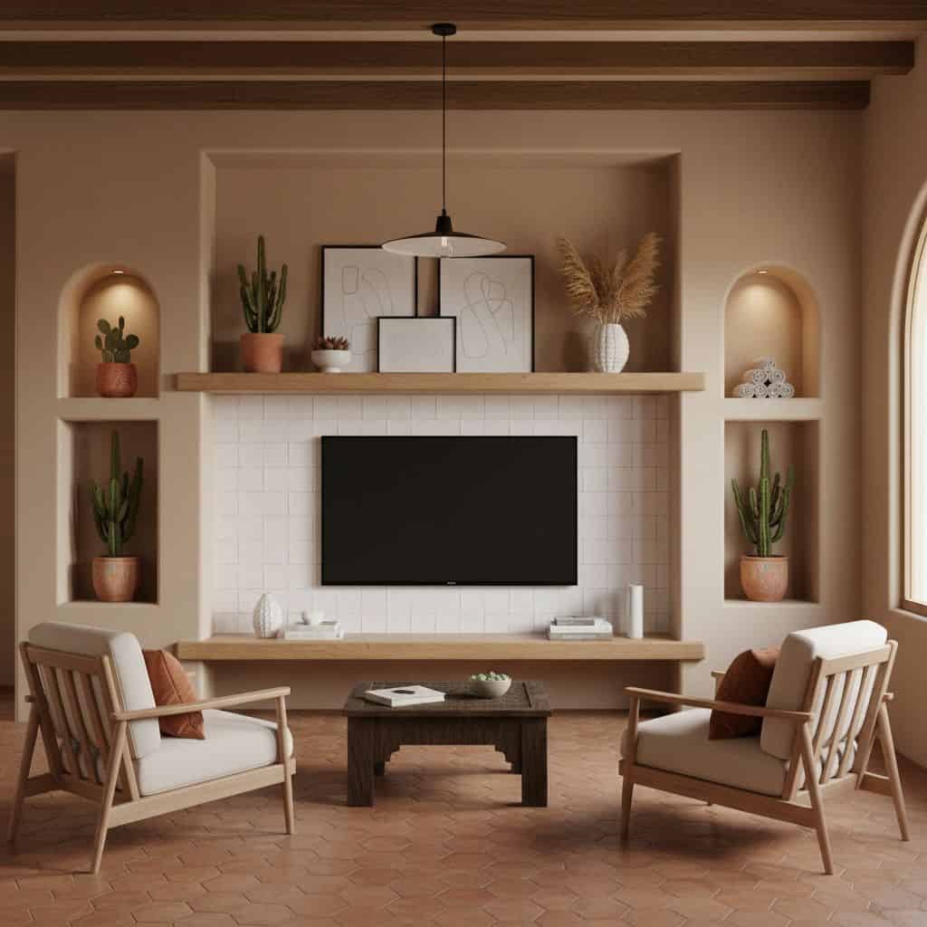 Beige tile wall with textured surface, surrounded by built-in shelves with potted plants and decorative items, in a cozy livi.