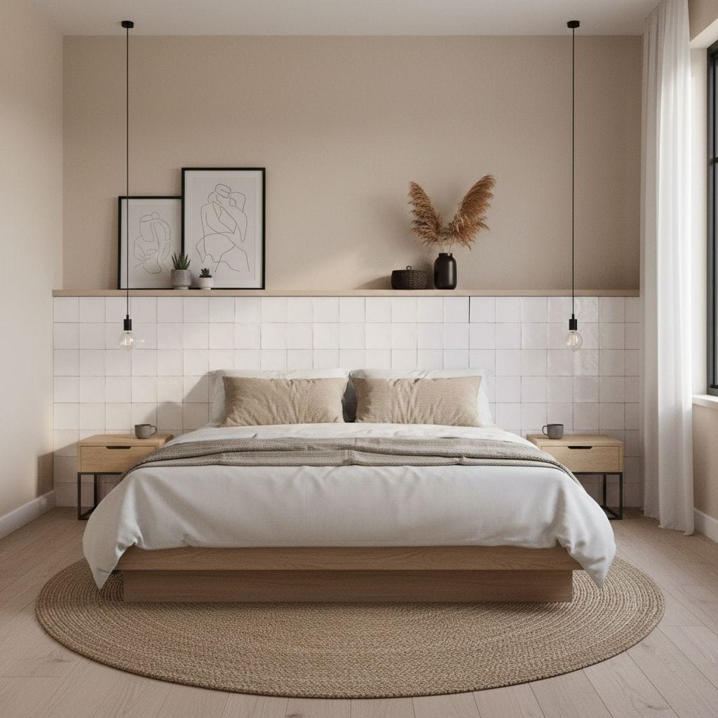 Neutral beige ceramic tiles with a smooth texture and matte finish, used as a decorative wall feature behind the bed.