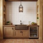 Neutral beige ceramic tile wall with a matte finish behind a farmhouse-style kitchen sink.