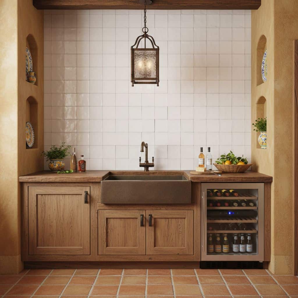 Neutral beige ceramic tile wall with a matte finish behind a farmhouse-style kitchen sink.