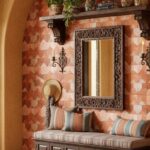 Terracotta tile wall with geometric pattern, textured surface, warm earthy tones, and decorative accents in a cozy interior s.