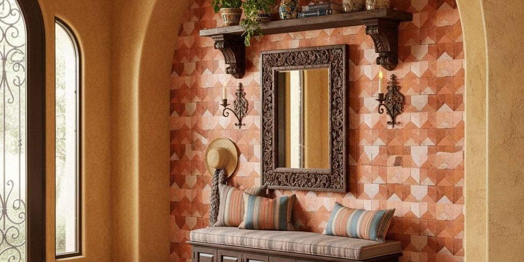 Terracotta tile wall with geometric pattern, textured surface, warm earthy tones, and decorative accents in a cozy interior s.