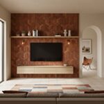 Wood tile with geometric pattern in warm brown tones, textured surface, and matte finish.