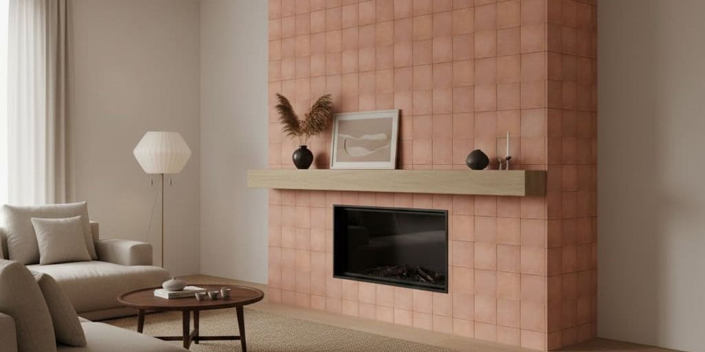 Pink ceramic tile with a textured, matte finish surrounding a built-in fireplace.