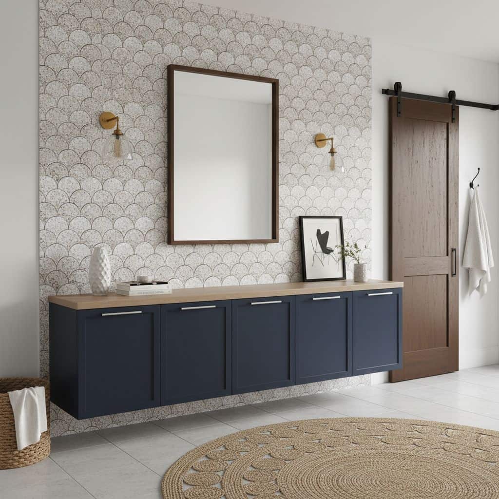 Blue textured ceramic tiles with a subtle pattern, complementing the wooden accents and neutral decor.