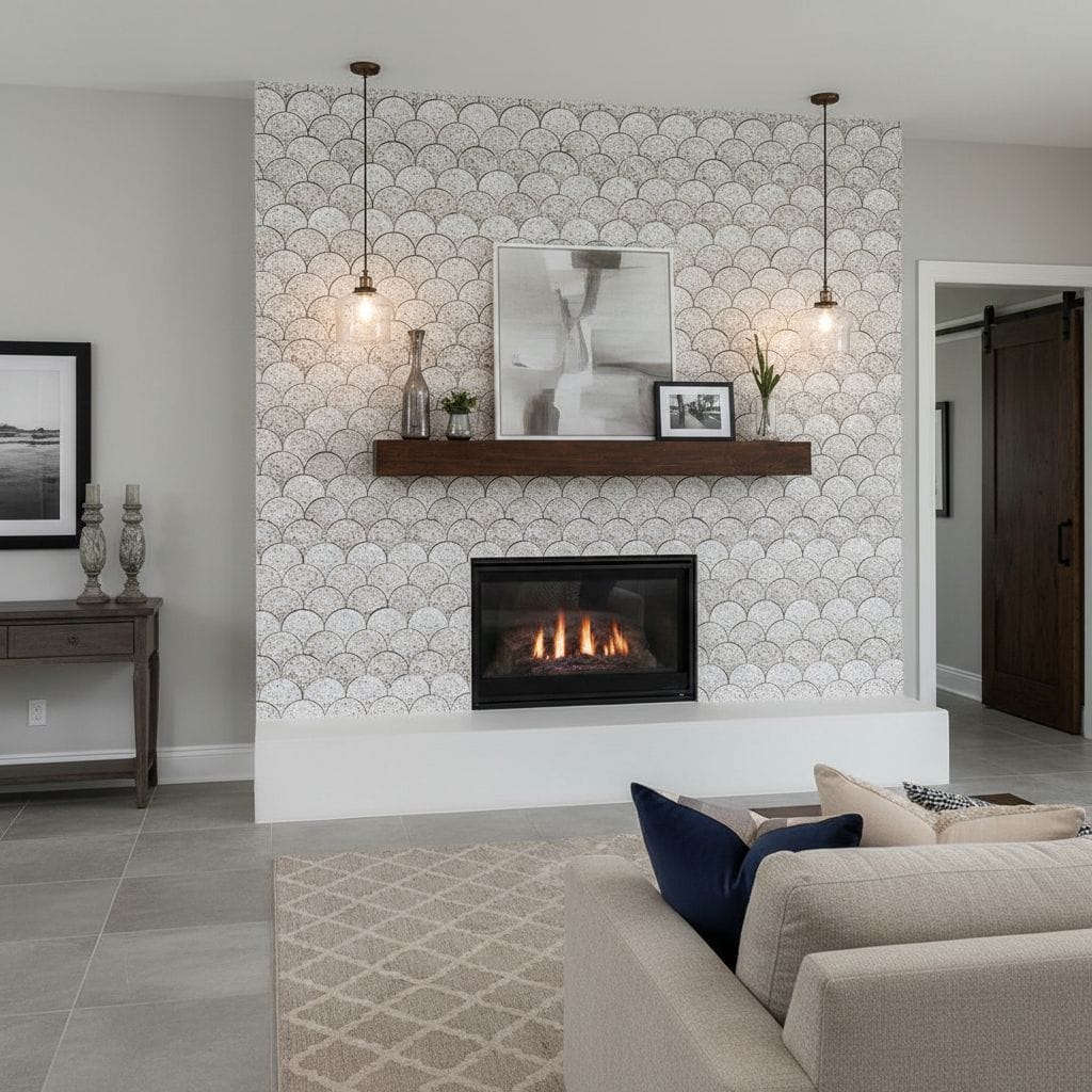 White scallop patterned ceramic tile with a glossy finish, used as a feature wall behind the fireplace.