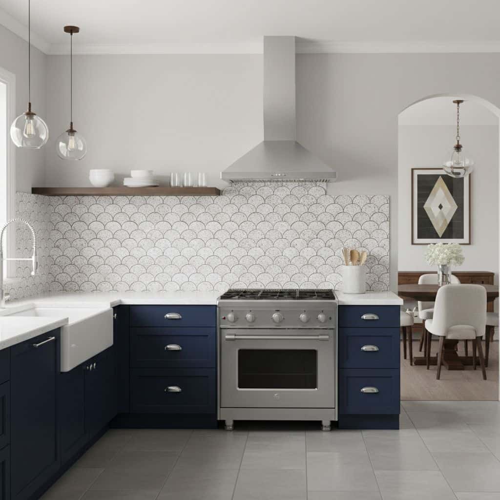 Blue and gray kitchen backsplash tile with a scalloped pattern, complementing navy blue cabinets and stainless steel applianc.