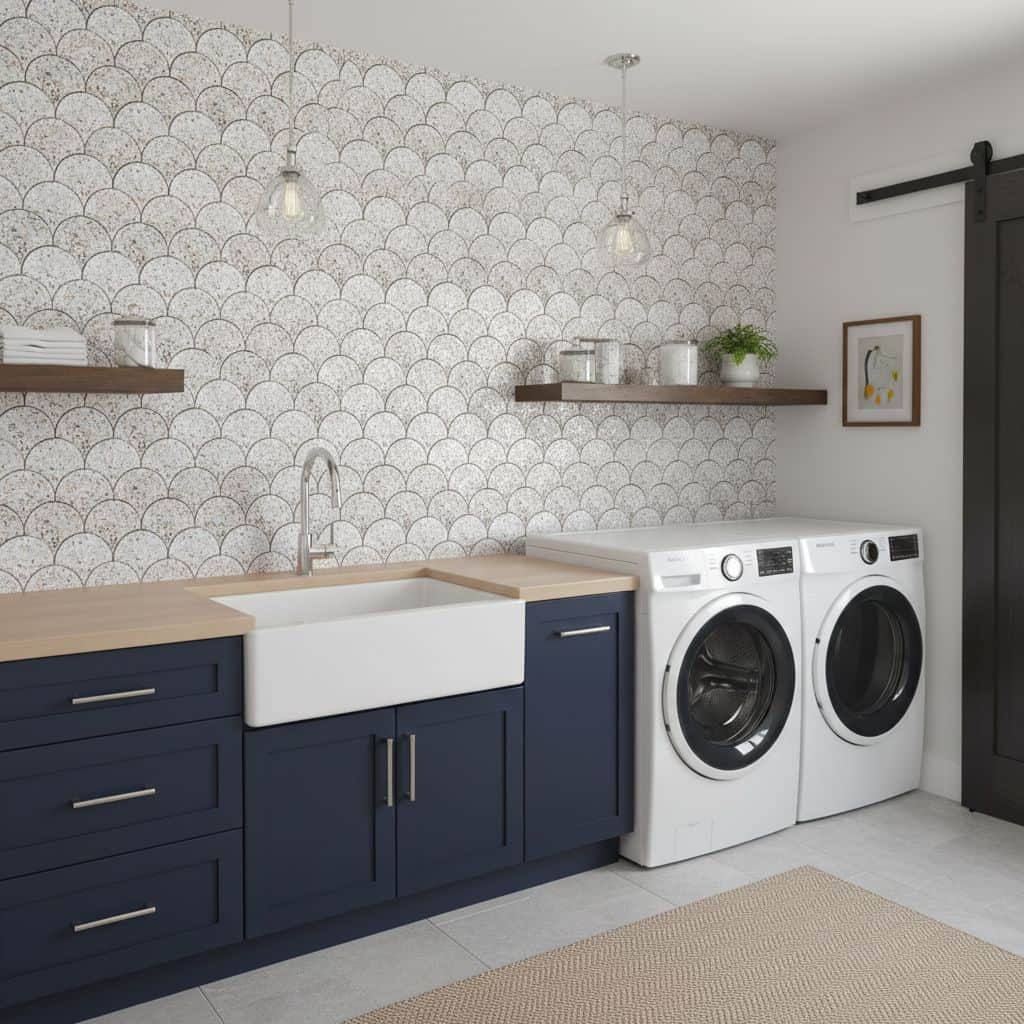 Wall tile with scallop pattern in neutral tones, textured surface, modern design.