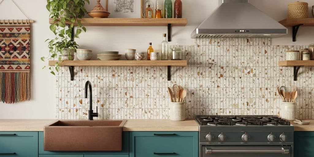 Ceramic tile backsplash with beige and cream tones, textured surface, in a modern kitchen setting.
