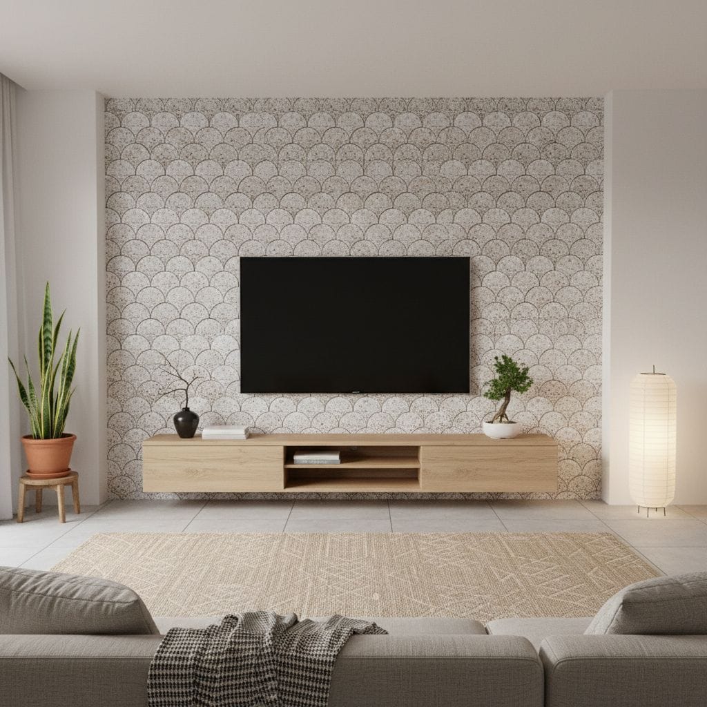 Geometric patterned tile wall with neutral tones, textured surface, and contemporary style in living room decor.