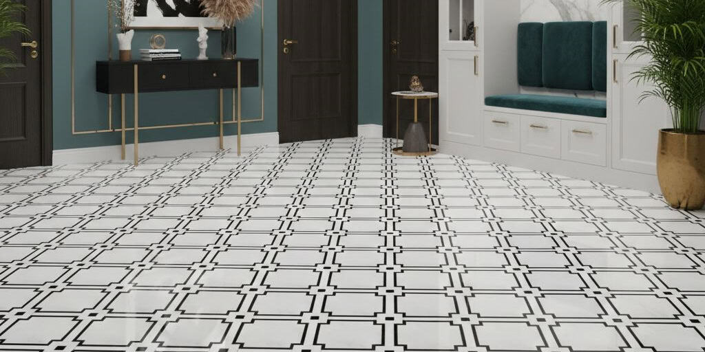 Black and white ceramic tile with geometric pattern, smooth texture, and glossy finish.