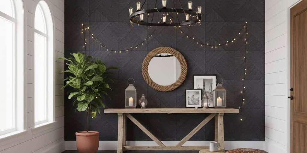 Black slate tile wall with textured surface and matte finish, complemented by rustic decor and warm lighting in a cozy interi.